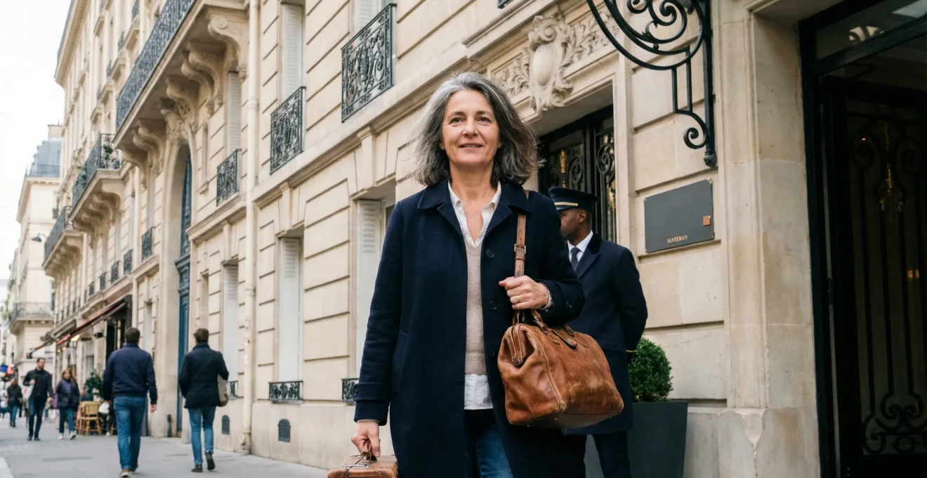 Voyageuse arrivant devant un hôtel parisien du 8ème arrondissement