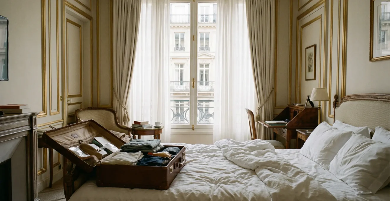 Chambre d'hôtel élégante style parisien avec vue urbaine