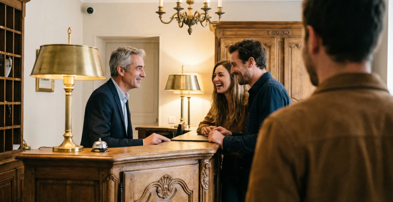 Réception chaleureuse d'un hôtel de charme parisien avec concierge