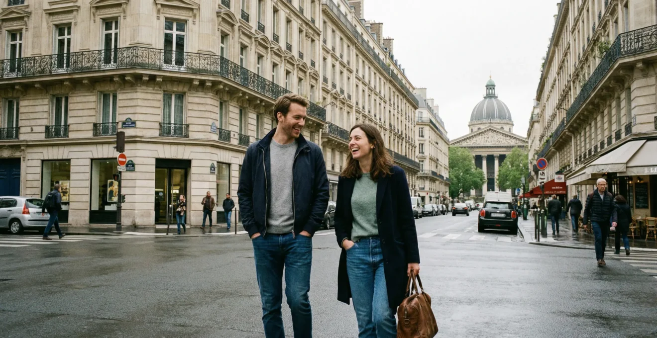 Couple de voyageurs marchant vers la Madeleine dans le 8ème arrondissement